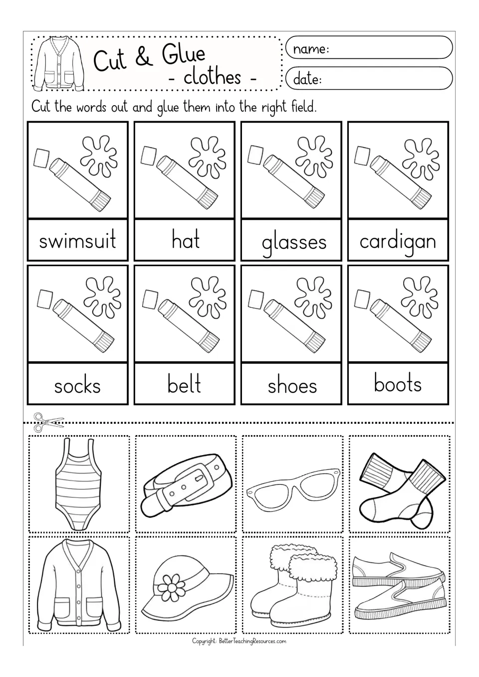 Coloring version of set 2: students cut out a swimsuit, hat, glasses, cardigan, socks, belt, shoes and boots to match words