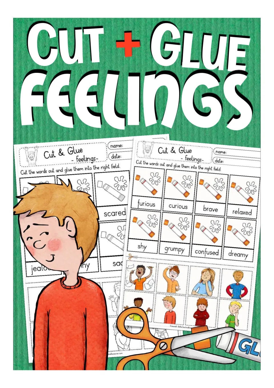 Cut + Glue Feelings cover showing sample sheets that match feeling words like furious, shy and brave to cut-out pictures