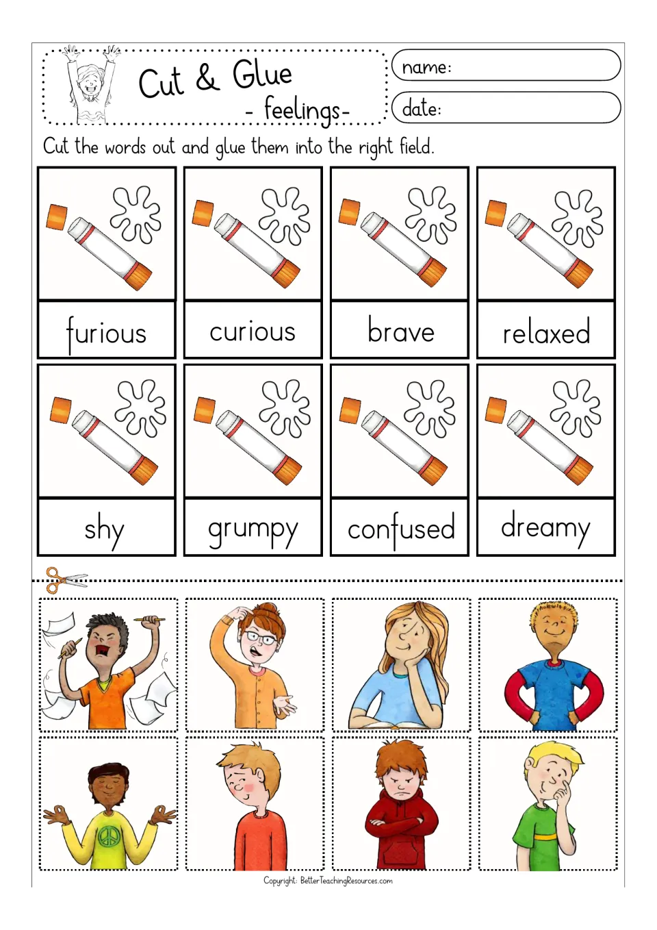 Feelings words, set 1 in colour: students cut out 8 pictures and glue them above furious, curious, brave, shy and more
