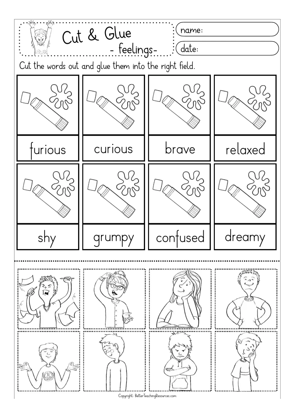 Feelings words, set 1 to colour: match 8 line-drawn pictures to furious, curious, brave, relaxed, shy, grumpy and more