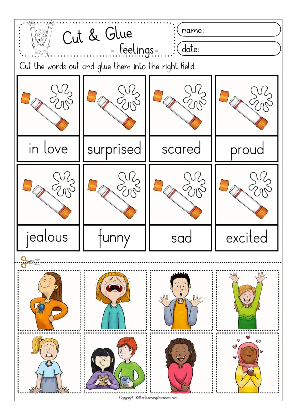 Feelings words, set 2 in colour: students cut out 8 pictures and glue them above in love, surprised, scared, proud and more