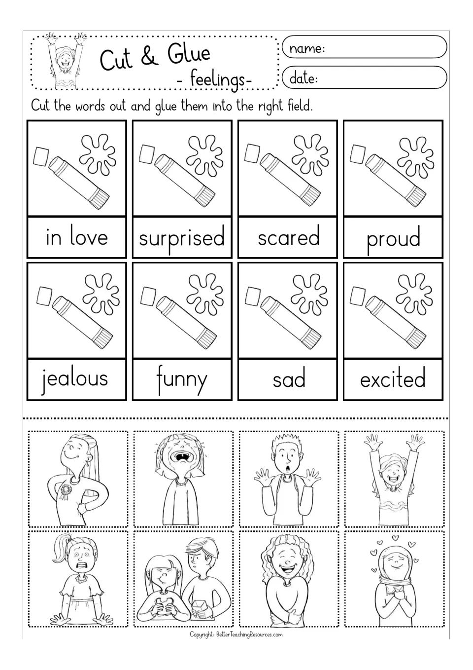 Feelings words, set 2 to colour: match the pictures to in love, surprised, scared, proud, jealous, funny, sad, excited