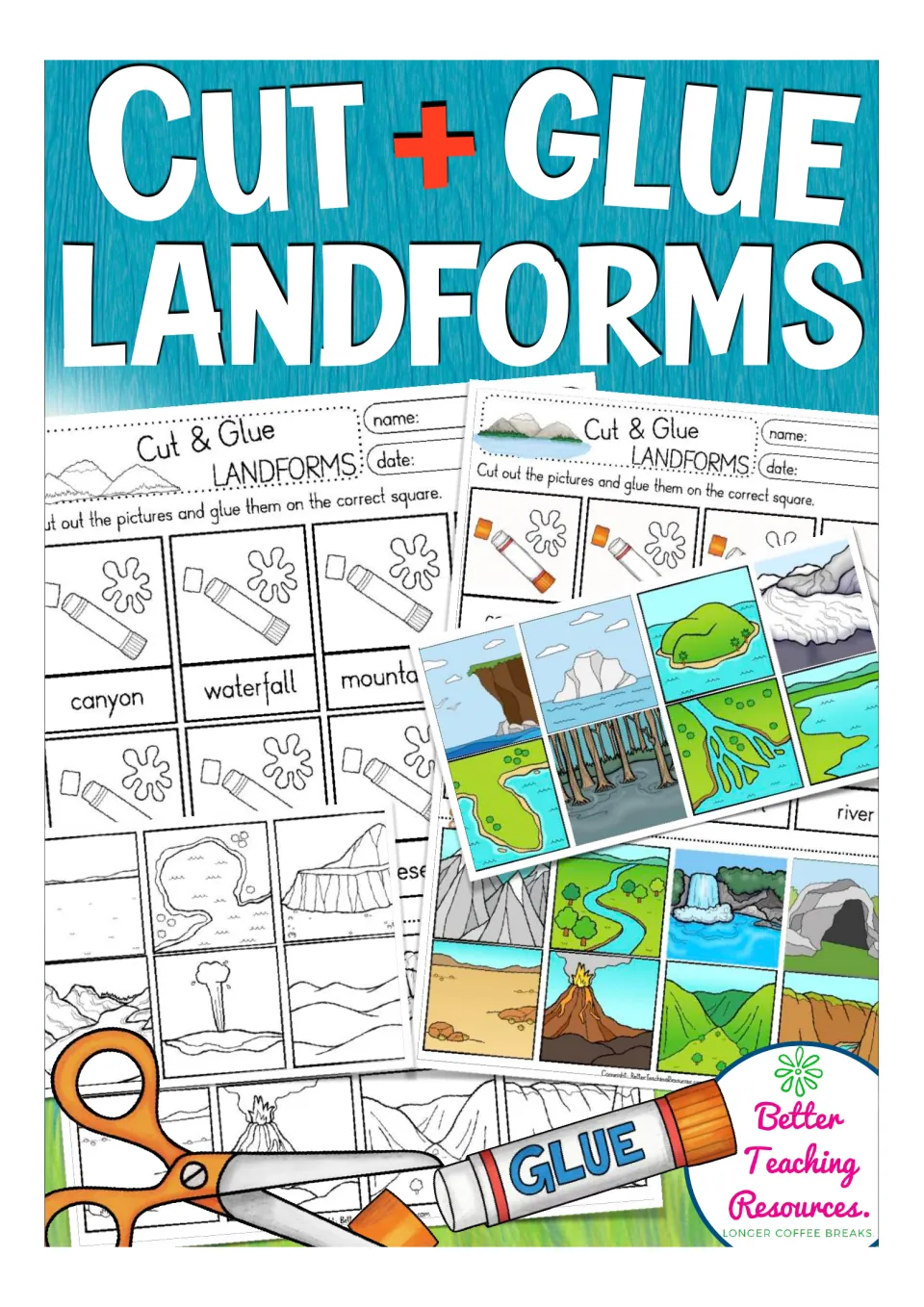 Cut + Glue Landforms cover showing color and black-and-white picture-matching sheets with scissors and a glue stick