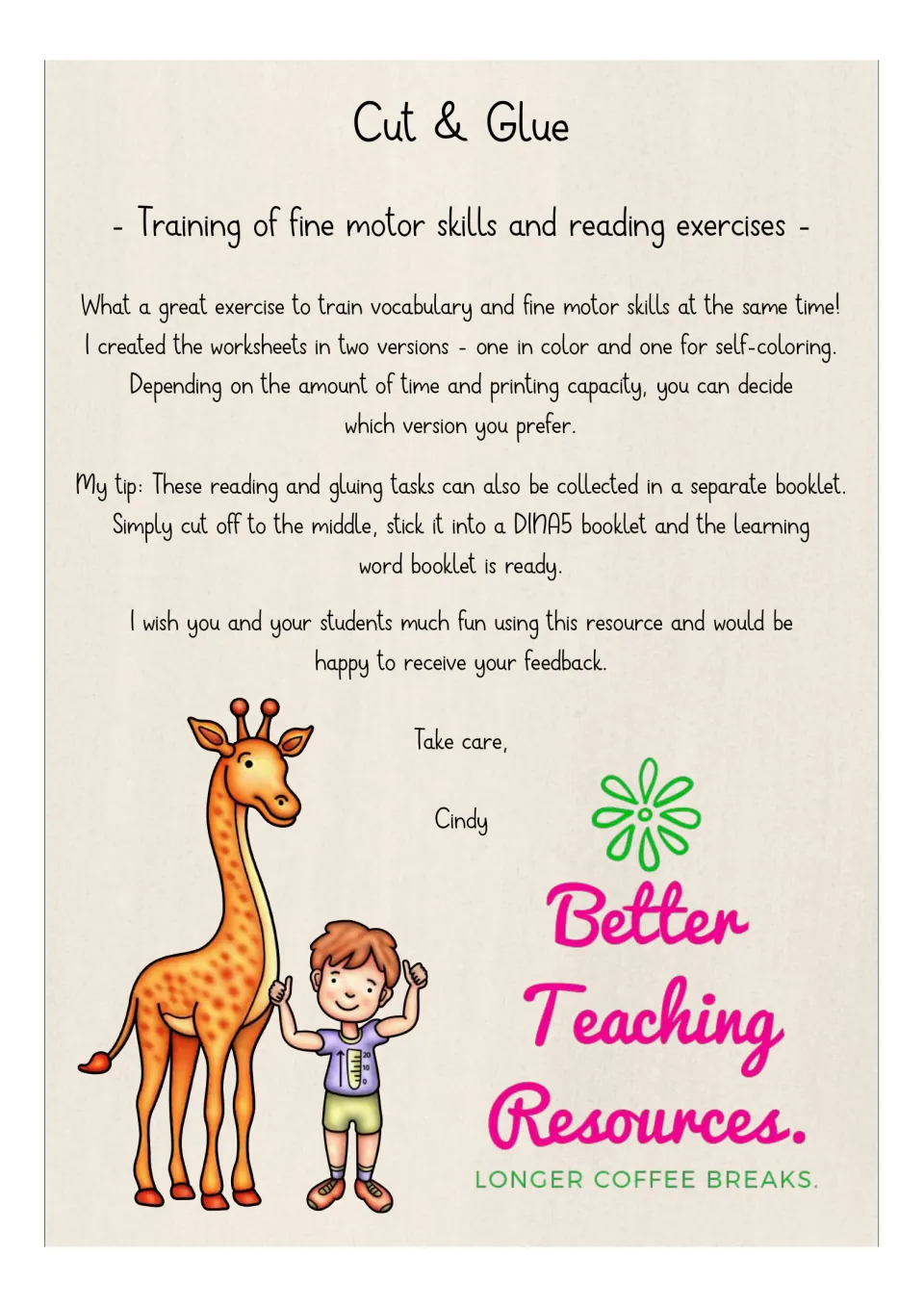 Teacher note on fine motor and reading practice, explaining color and self-coloring versions and a DINA5 word booklet tip