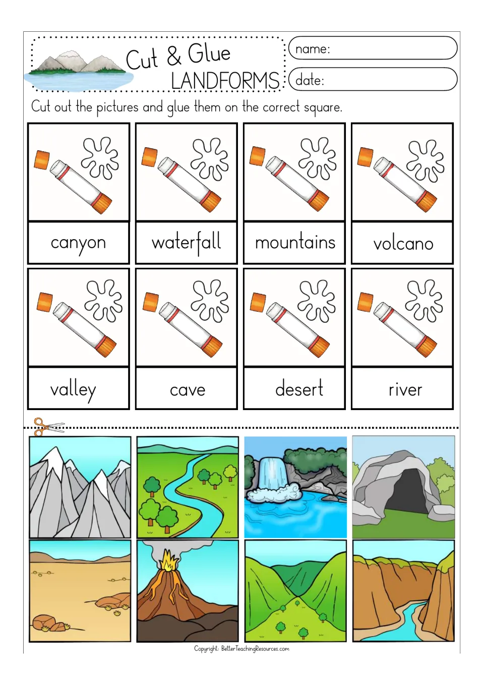 Landform picture match: students cut out color pictures and glue each to its label, from canyon to river