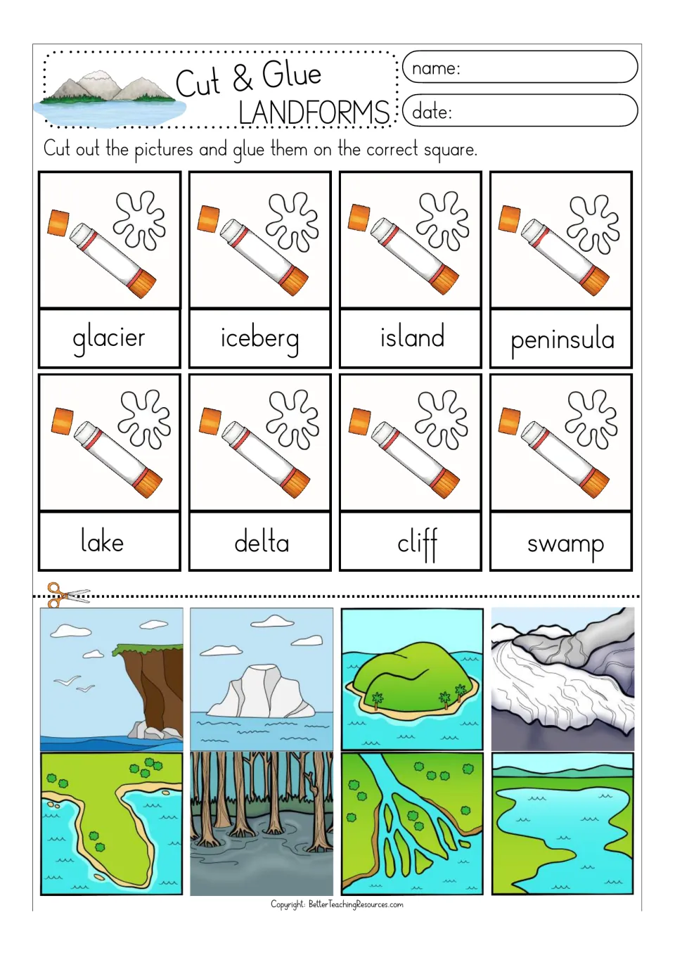 Landform picture match: students cut out color pictures and glue each to its label, from glacier to swamp