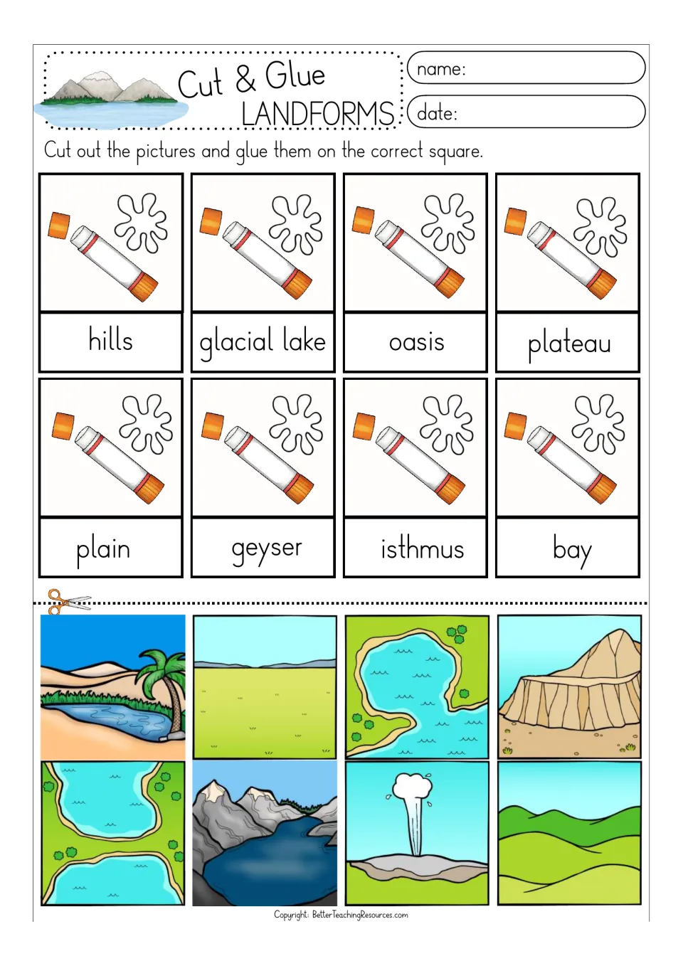 Landform picture match: students cut out color pictures and glue each to its label, from hills to bay