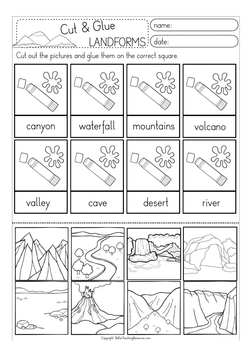 Self-coloring landform match: students cut out outline pictures and glue them by label: canyon, waterfall, volcano, river