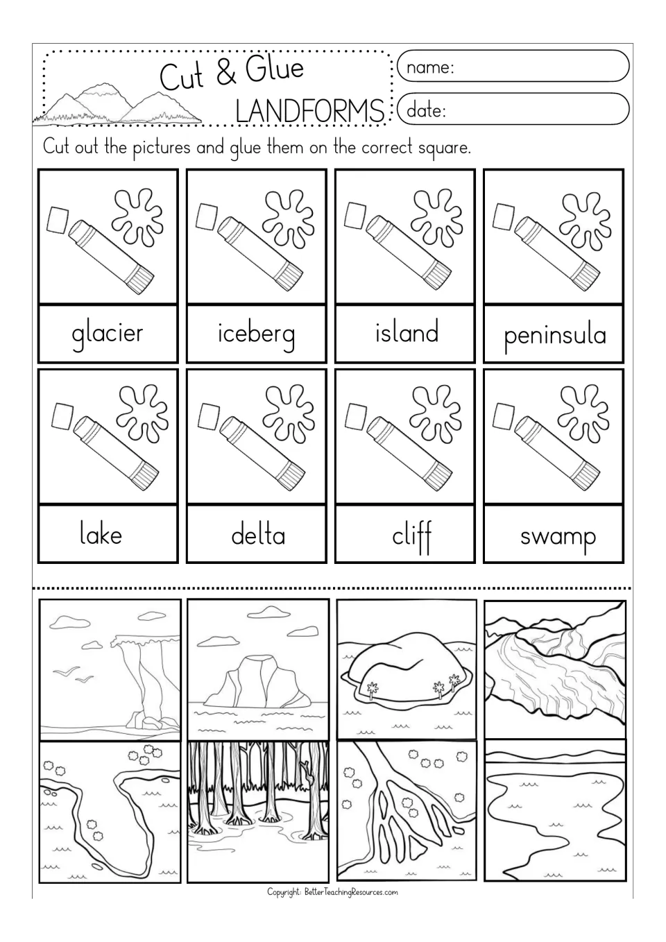 Self-coloring landform match: students cut out outline pictures and glue them by label: glacier, iceberg, delta, cliff