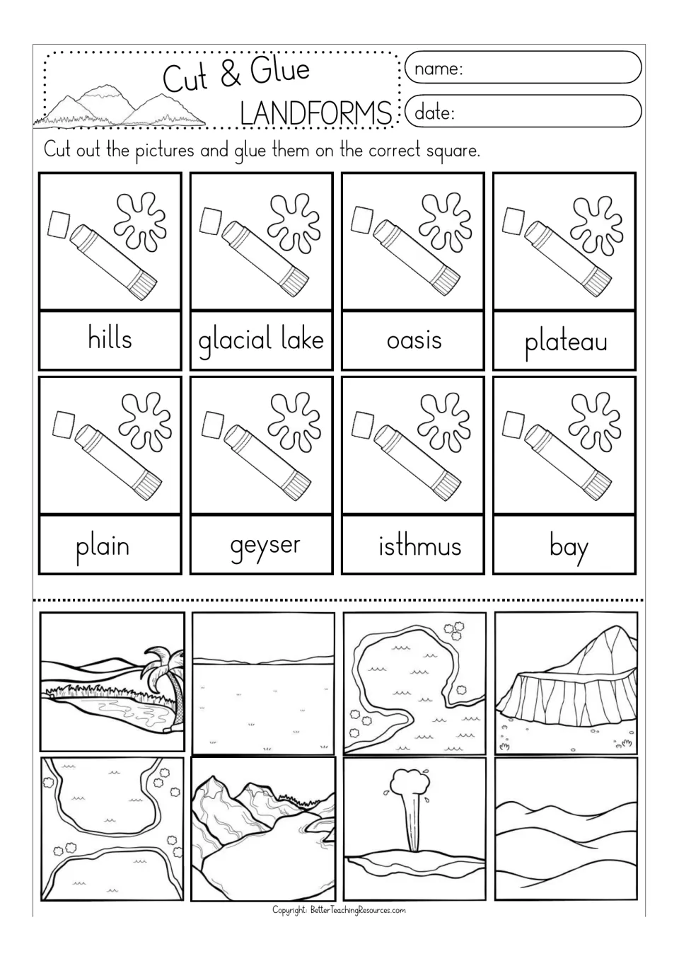 Self-coloring landform match: students cut out outline pictures and glue them by label: oasis, plain, isthmus, bay