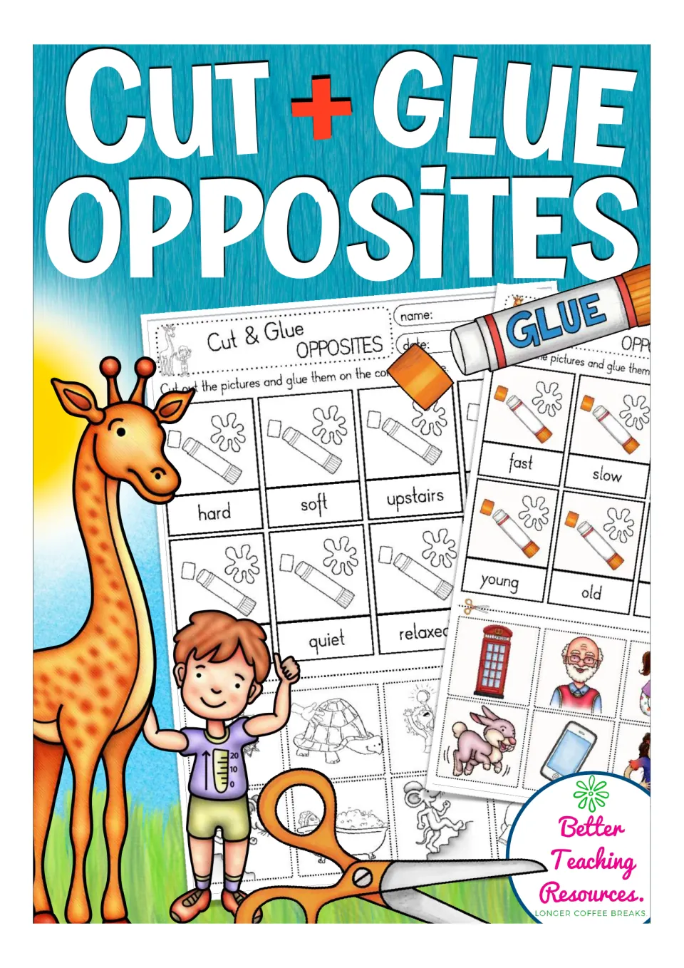 Cover of Cut & Glue: Opposites, showing sample word-and-picture matching activities using cutout pictures