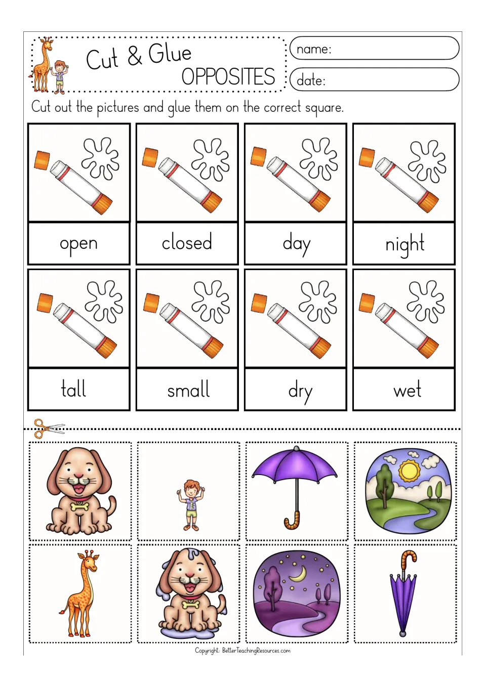 Color opposites matching activity: open/closed, day/night, tall/small, and dry/wet, with eight cutout pictures
