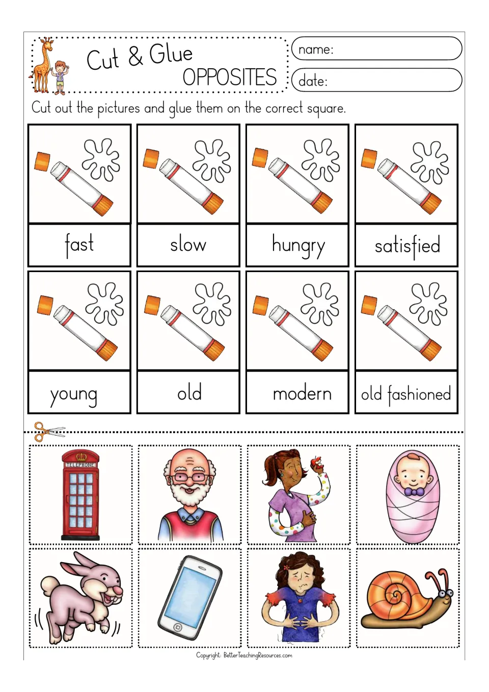 Color opposites activity pairs fast/slow, hungry/satisfied, young/old, and modern/old fashioned with pictures
