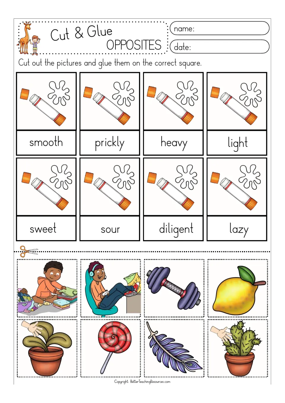Color opposites activity: smooth/prickly, heavy/light, sweet/sour, and diligent/lazy, with cutout pictures
