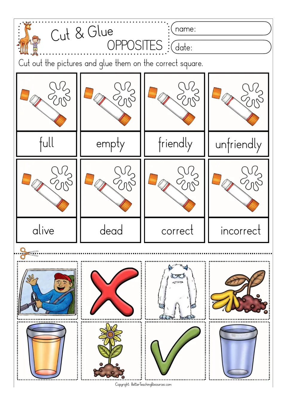 Color opposites activity: full/empty, friendly/unfriendly, alive/dead, and correct/incorrect, with pictures