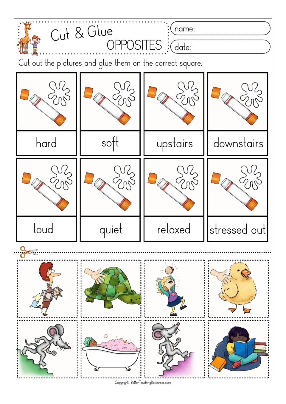 Color opposites activity: hard/soft, upstairs/downstairs, loud/quiet, and relaxed/stressed out, with pictures