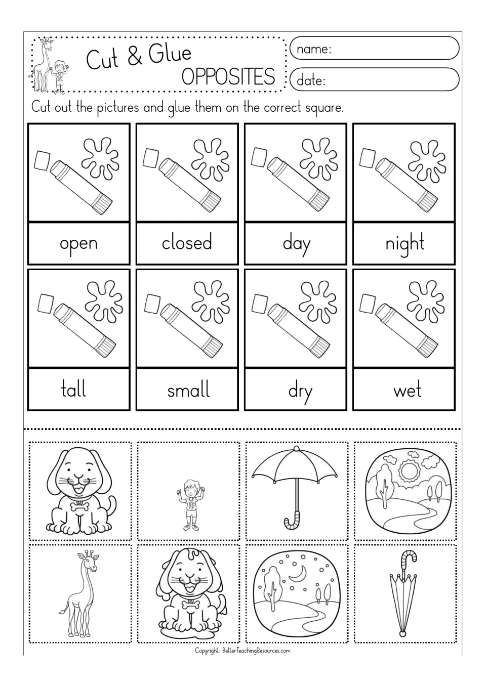 Black-and-white opposites activity: open/closed, day/night, tall/small, and dry/wet, with pictures to cut out