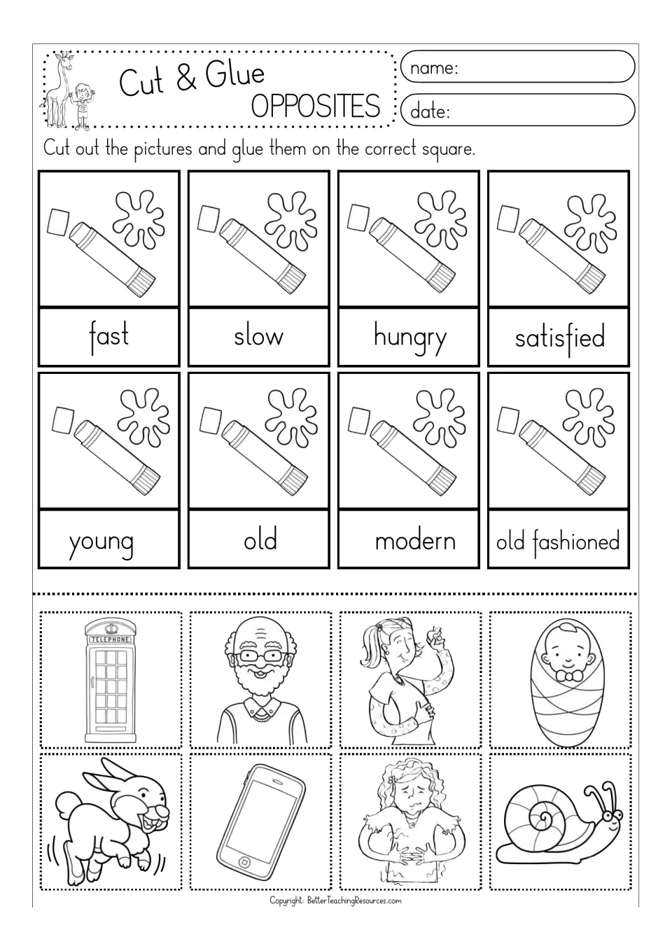 Black-and-white opposites activity: fast/slow, hungry/satisfied, young/old, and modern/old fashioned