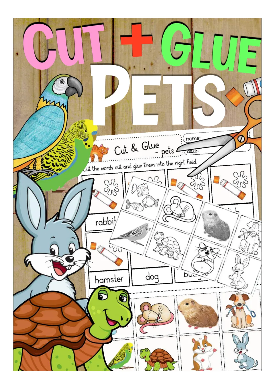 Cover of Cut & Glue: Pets, showing samples of the pet picture-to-word matching worksheets in both versions
