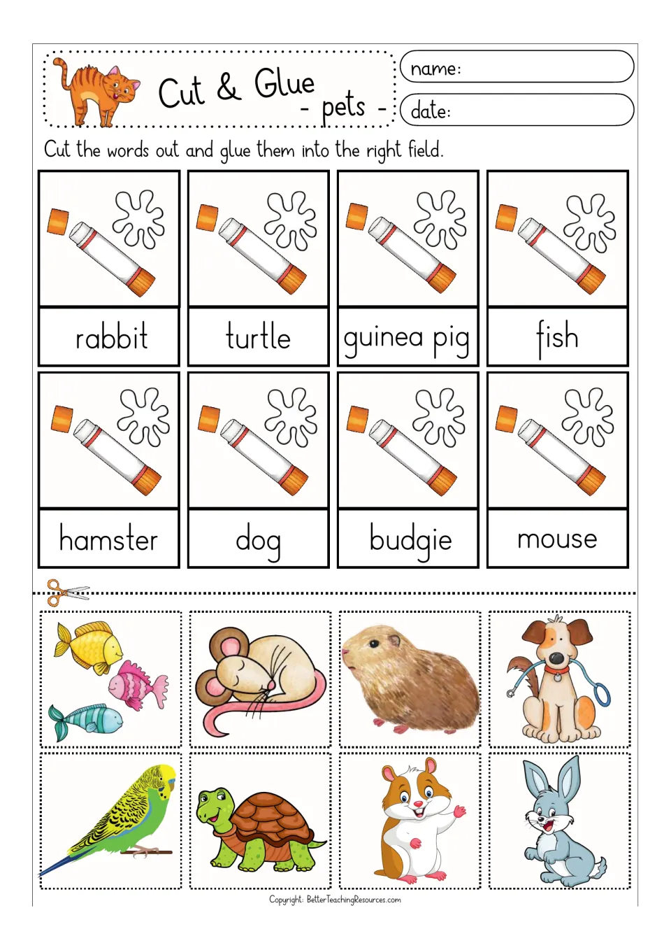 Color pet matching sheet: rabbit, turtle, guinea pig, fish, hamster, dog, budgie and mouse, with cutout pictures