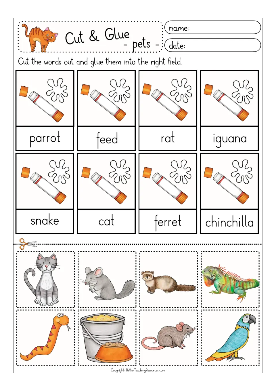 Color pet matching sheet: parrot, feed, rat, iguana, snake, cat, ferret and chinchilla, with cutout pictures