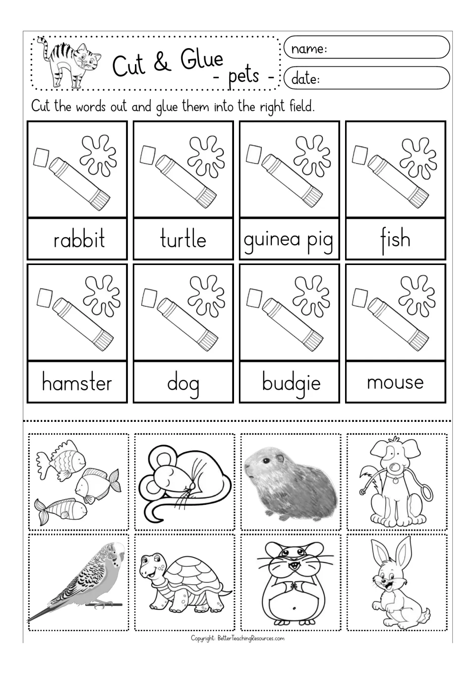 Black-and-white pet matching sheet with cutout pictures for rabbit, turtle, guinea pig, fish and four more