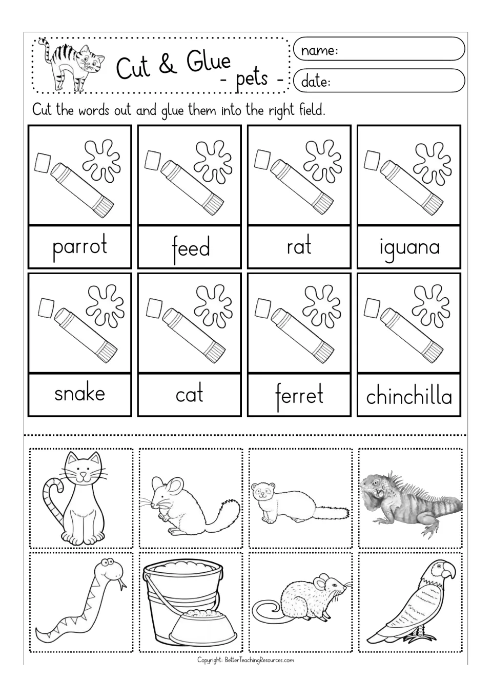 Black-and-white pet matching sheet with cutout pictures for parrot, feed, rat, iguana and four more items