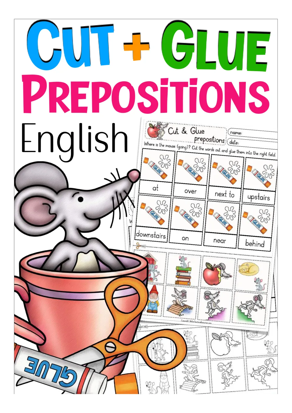 Cover for a cut-and-glue prepositions set in English, showing a mouse in a cup and a sample color worksheet