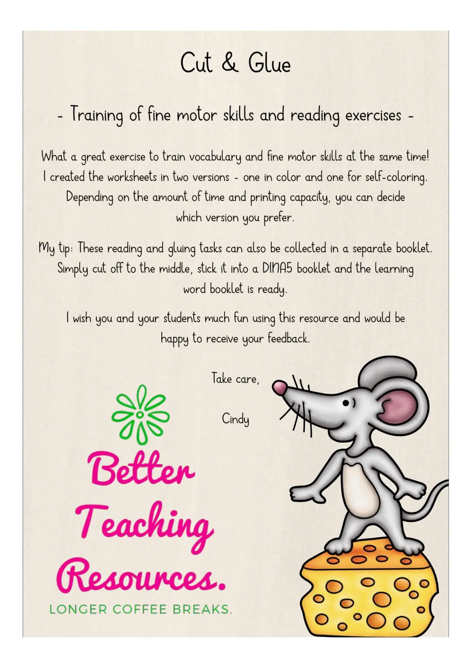 Author's note: color and self-coloring versions of the worksheets, plus a tip to glue tasks into an A5 booklet