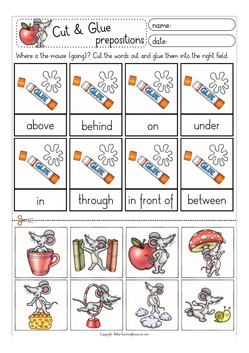 Where is the mouse? Students cut out 8 color mouse pictures and match them to above, under, through, in front of and more