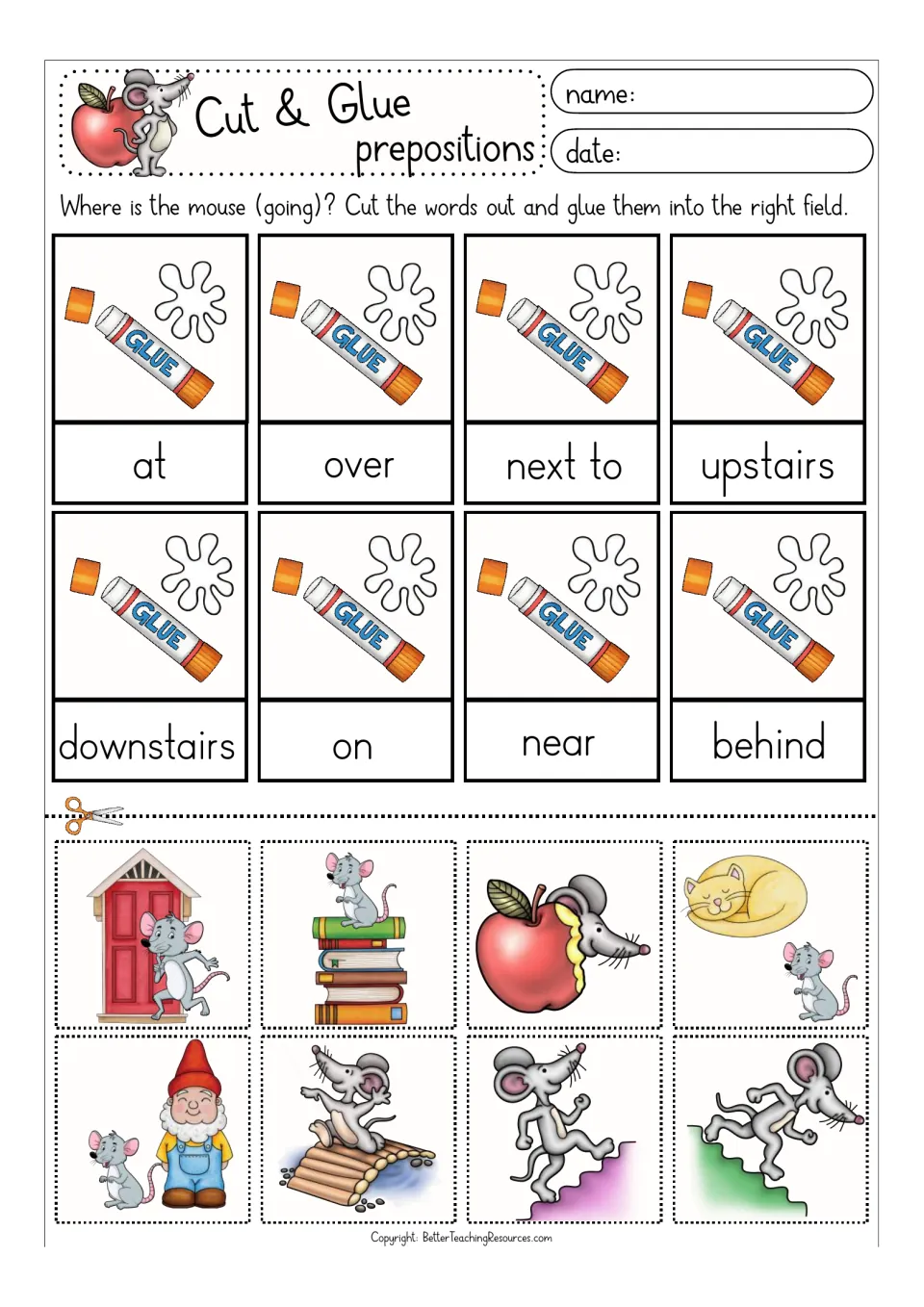 Mouse position words, set 2: students cut 8 color pictures and glue them to at, over, next to, upstairs, downstairs, near