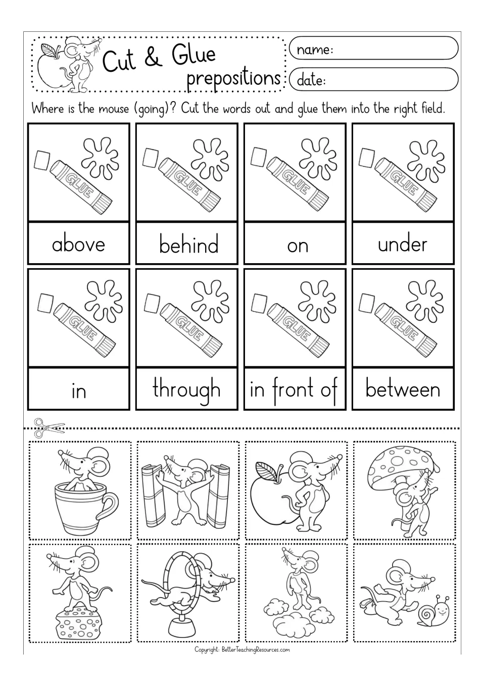 Black-and-white set 1: students color, cut and glue 8 mouse scenes onto above, behind, on, under, in, through, between