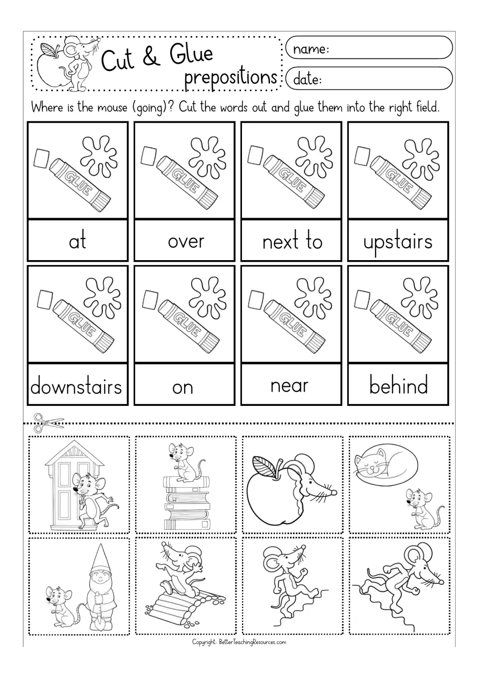Black-and-white set 2: mouse scenes to cut and match with at, over, next to, upstairs, downstairs, on, near and behind