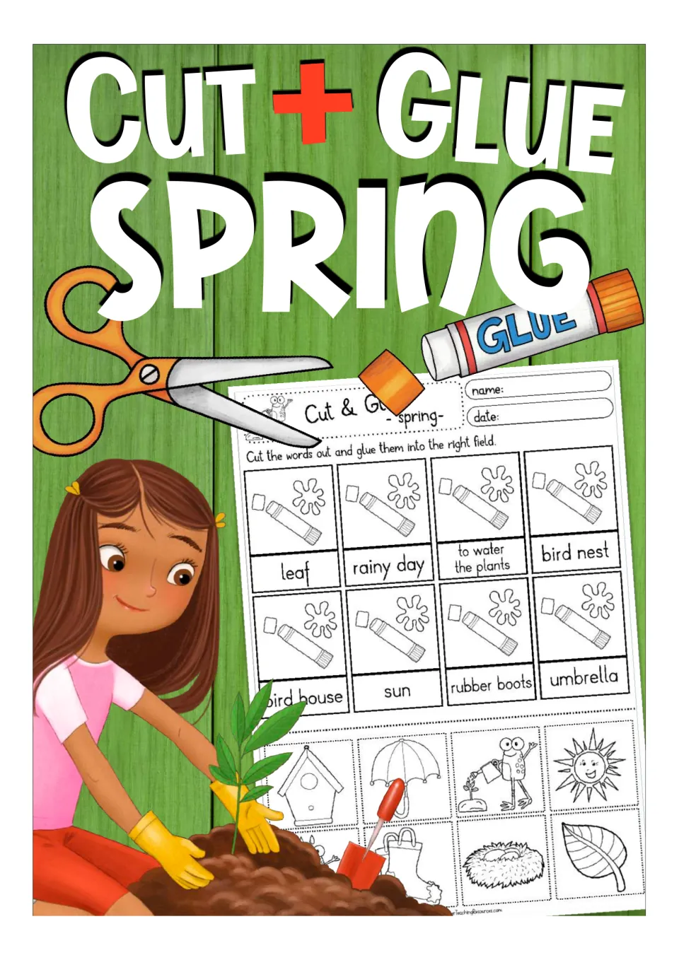 Cut + Glue Spring cover: a spring picture-word matching sheet with scissors, a glue stick and a girl planting a seedling