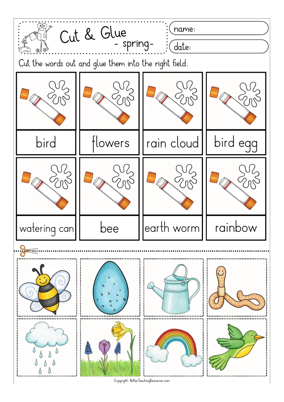 Spring vocabulary matching: students cut out 8 color pictures and glue each above its word, such as bird, bee and rainbow