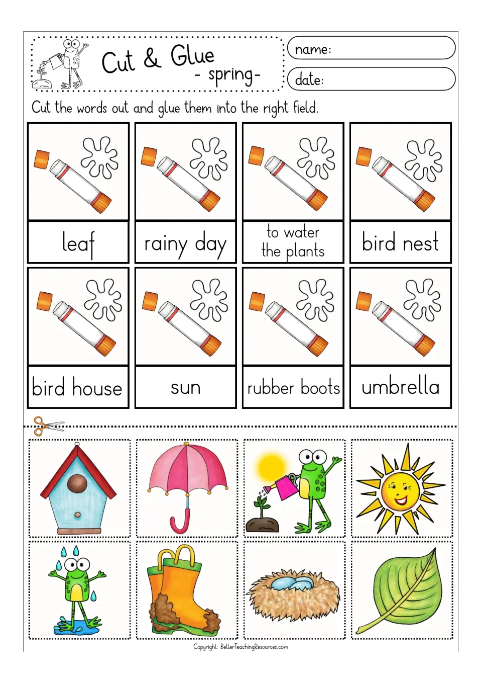 Spring words in color: students cut and glue pictures to match leaf, rainy day, to water the plants, sun and umbrella