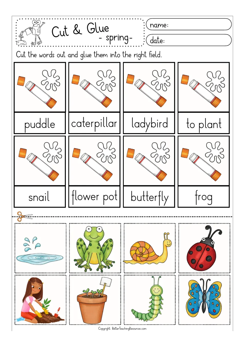 Spring creatures and actions in color: students match pictures to puddle, caterpillar, ladybird, to plant, snail and frog