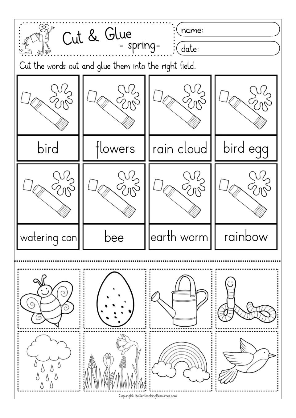 Black-and-white spring matching: students cut out bee, egg, watering can and worm pictures and glue them above the words