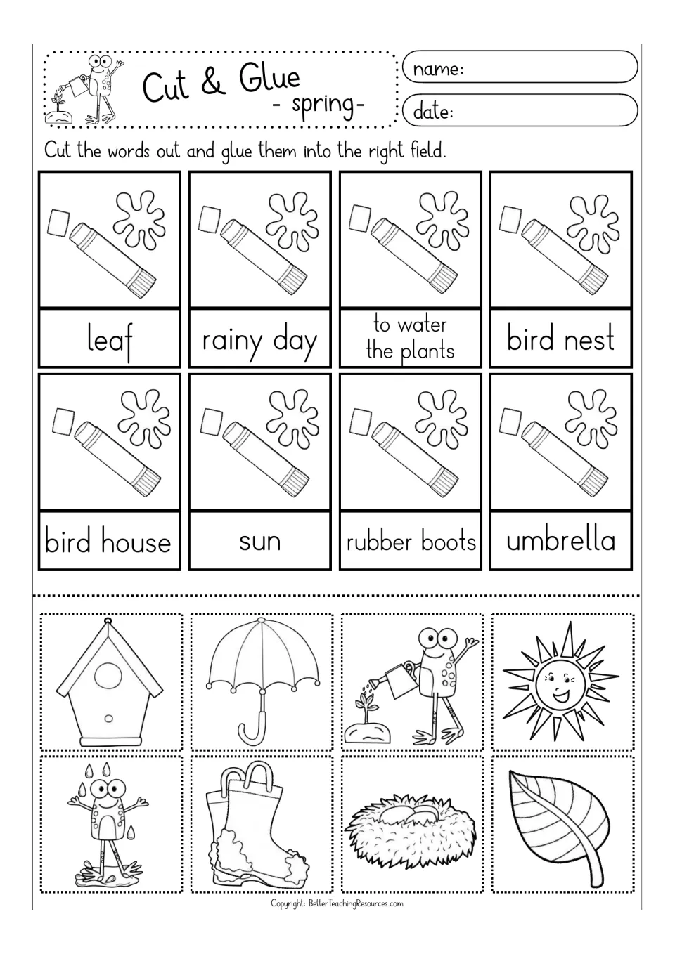 Black-and-white word matching: cut out birdhouse, umbrella, sun, leaf and nest pictures and glue each above its spring word
