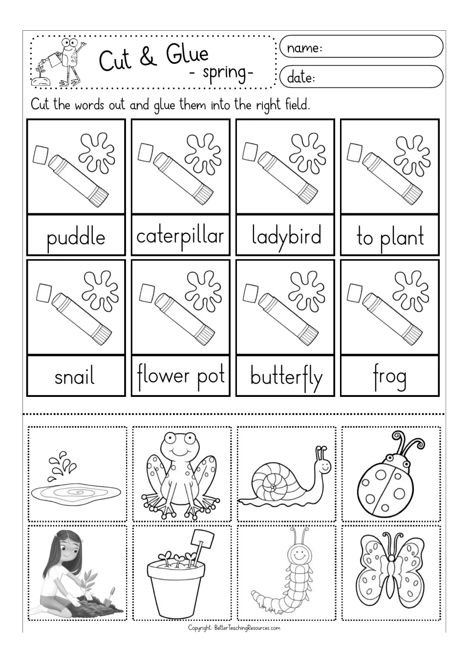 Coloring-version spring sheet: students read puddle, snail, flower pot and butterfly and glue the matching cut-out picture