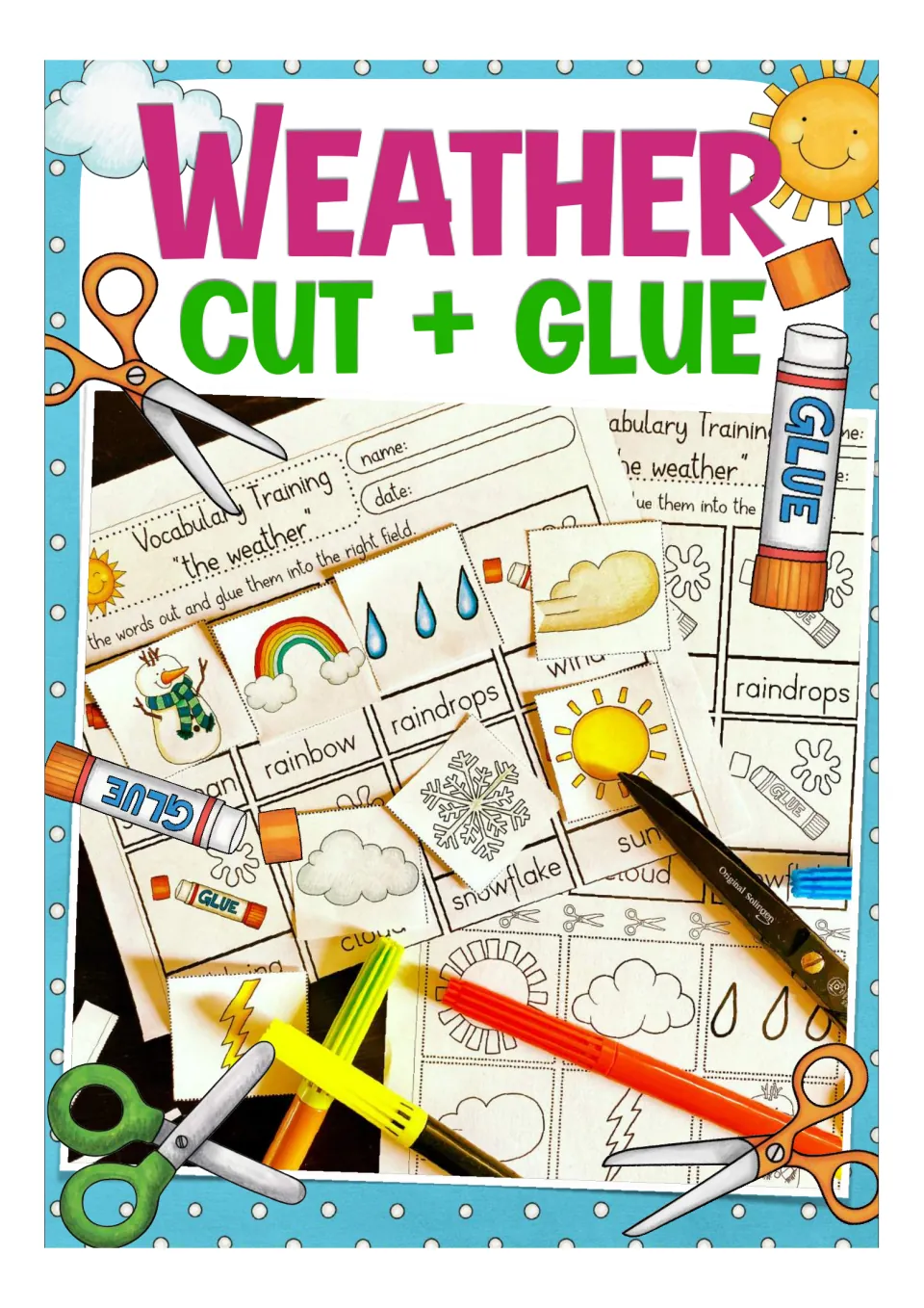 Weather cut + glue cover: photo of vocabulary sheets with cut-out picture cards of a rainbow, snowman, sun and snowflake