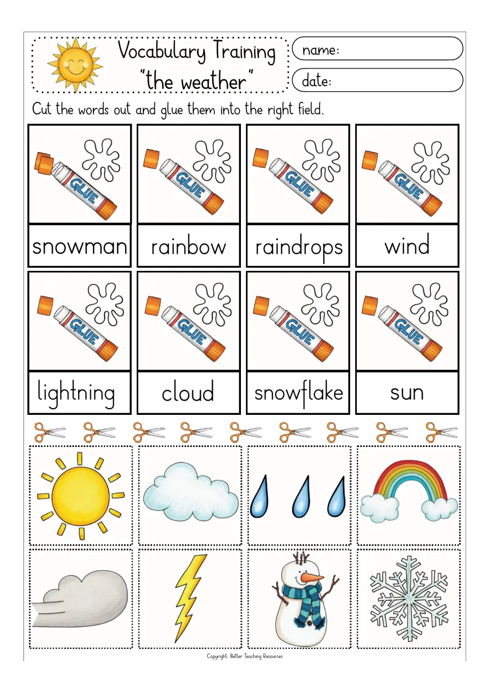 Weather vocabulary in colour: students cut out 8 pictures and glue each above its word, like snowman, rainbow and lightning