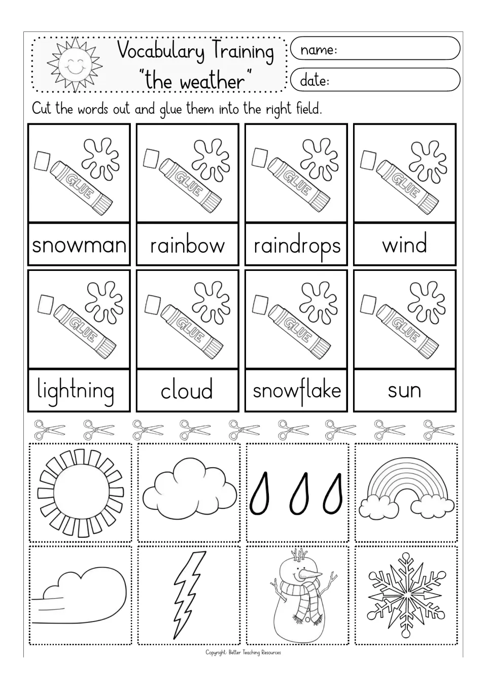 Black-and-white weather words set 1: students cut out and match pictures to wind, raindrops, cloud, sun and snowflake