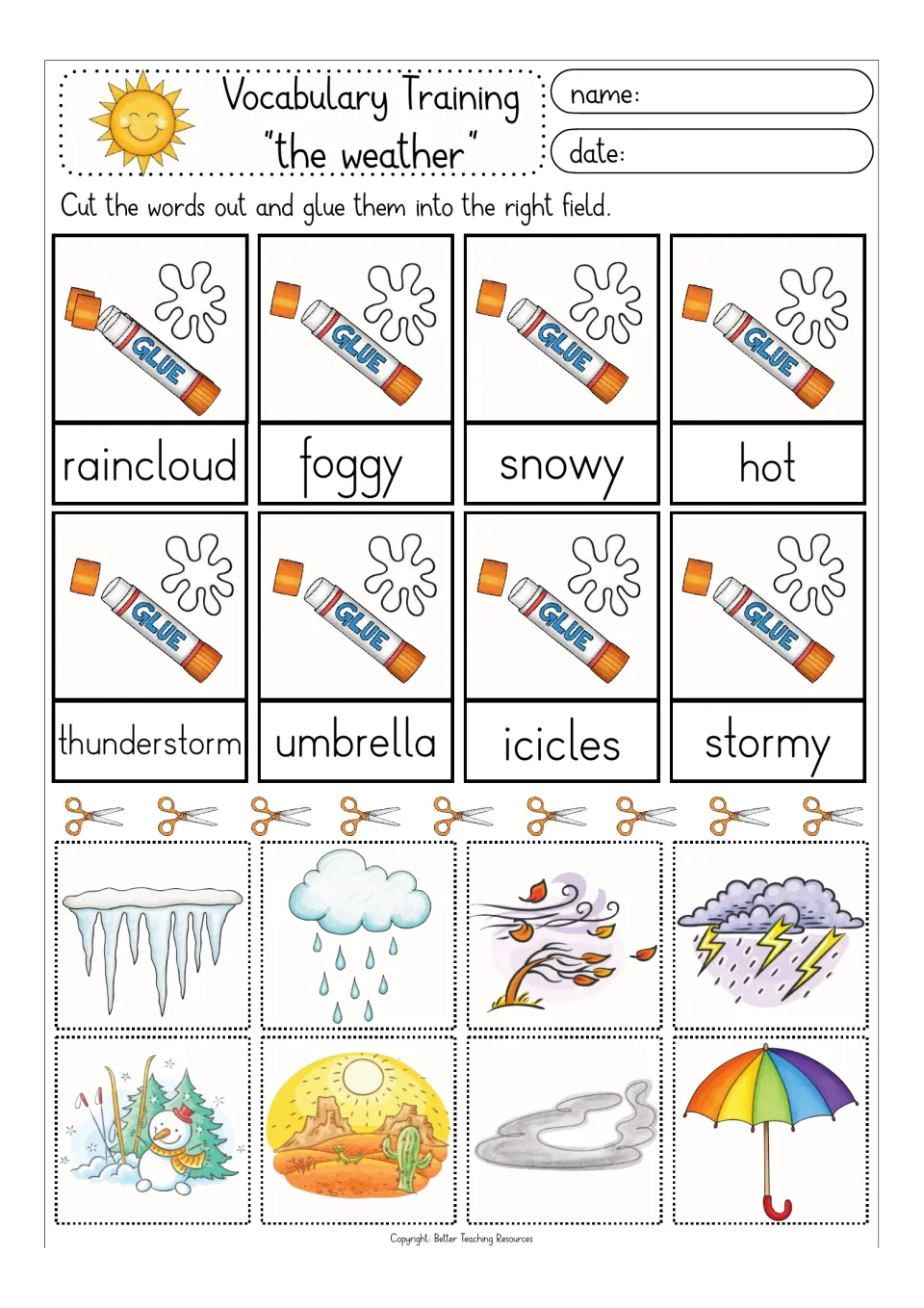 Colour weather vocabulary set 2: students cut and glue pictures to raincloud, foggy, snowy, hot, icicles and stormy
