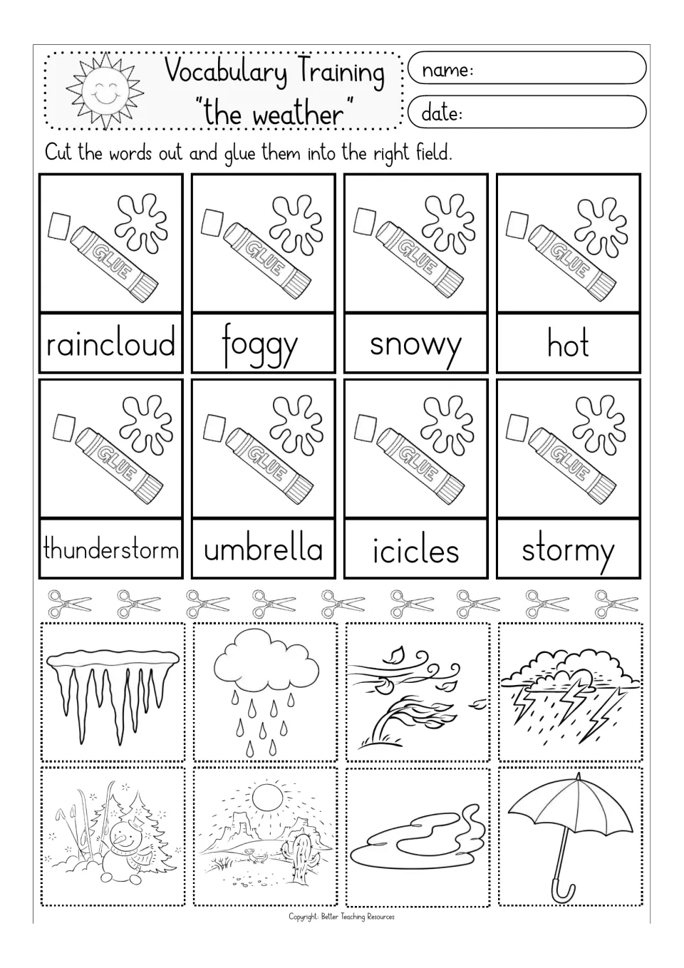 Black-and-white weather words set 2: students match line drawings to thunderstorm, umbrella, icicles, foggy and hot