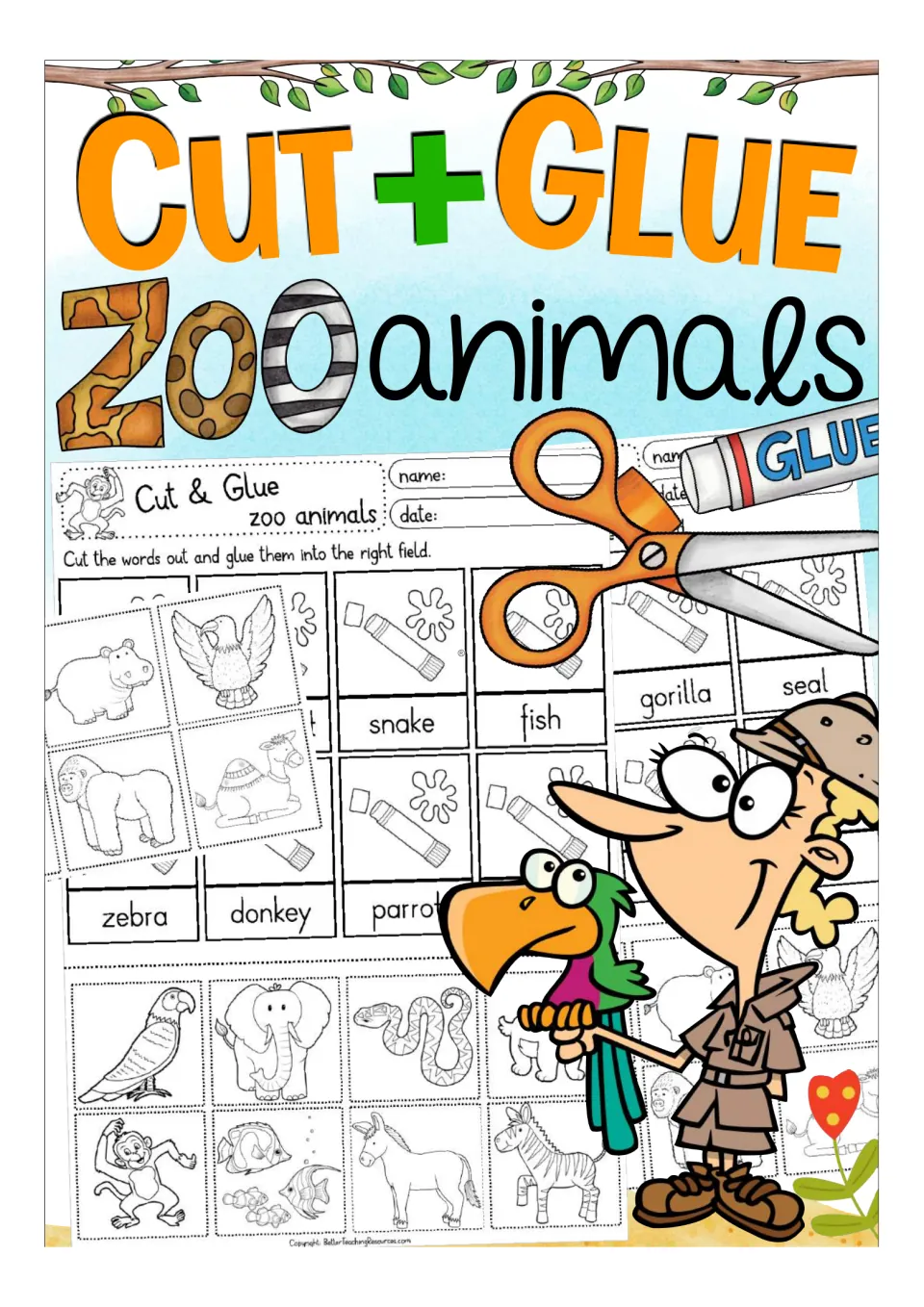 Cut + Glue Zoo Animals cover showing sample picture-word match sheets, scissors, glue stick and a zookeeper with a parrot