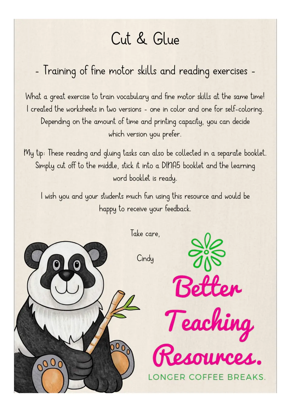 Teacher note on the Cut & Glue activity: color and self-coloring versions, plus a tip for collecting pages in a booklet