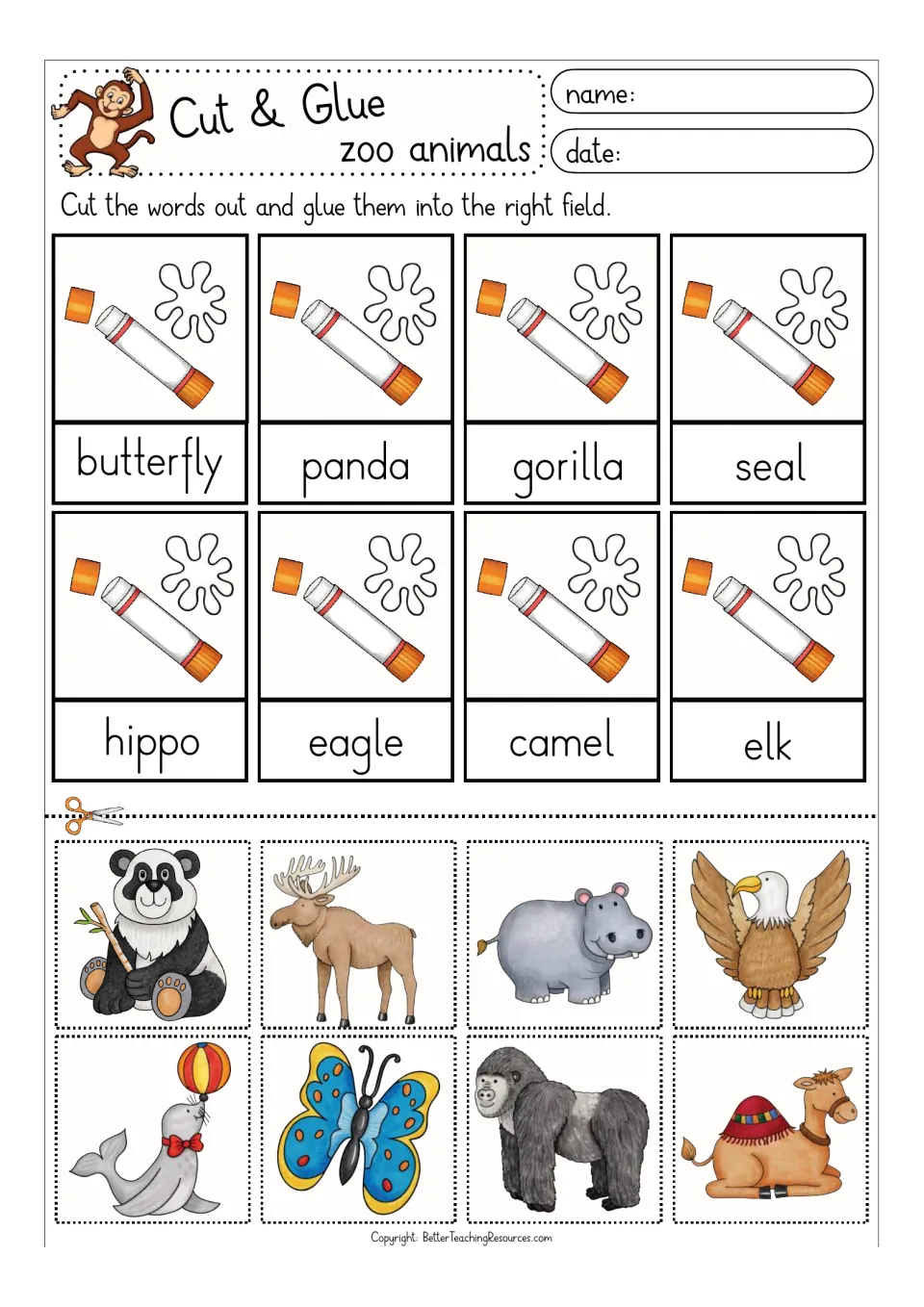 Color zoo word match: cut out animal pictures and glue above butterfly, panda, gorilla, seal, hippo, eagle, camel and elk