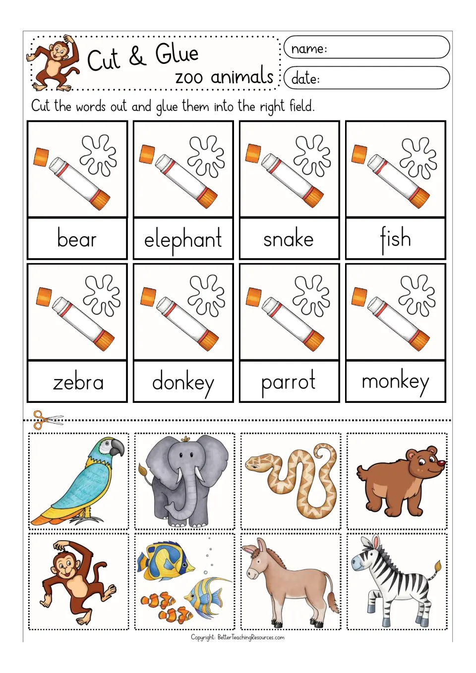 Color zoo word match: read bear, elephant, snake, fish, zebra, donkey, parrot, monkey; glue each matching picture above
