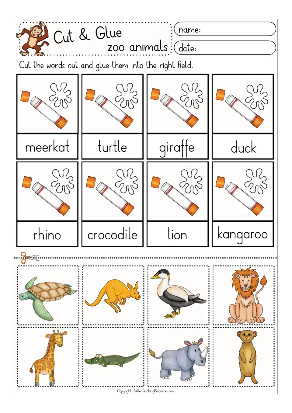Color zoo word match: glue pictures of meerkat, turtle, giraffe, duck, rhino, crocodile, lion and kangaroo above the words